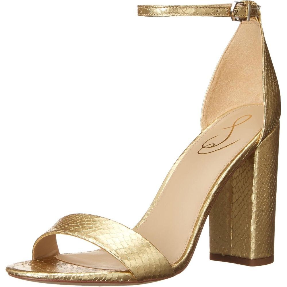 Sam Edelman Block Heel Sandal 6.5 Ankle Strap Minimalist Glam Metallic Gold Yaro